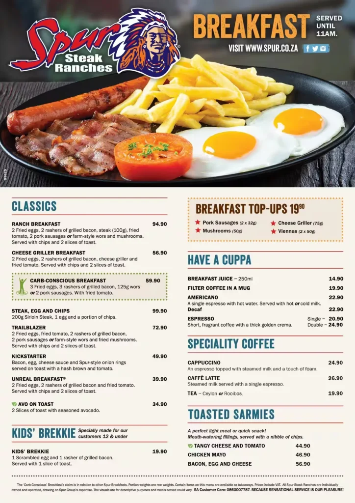 Spur Breakfast Menu With Updated Prices in South Africa 2024