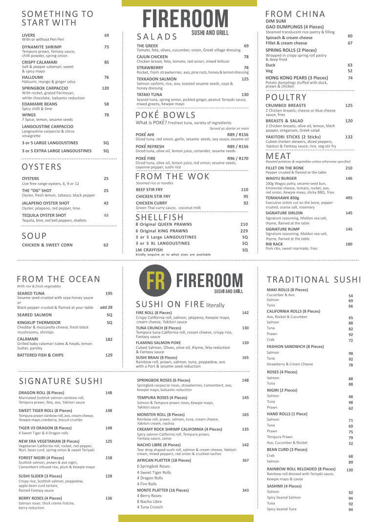 Fireroom Menu with price