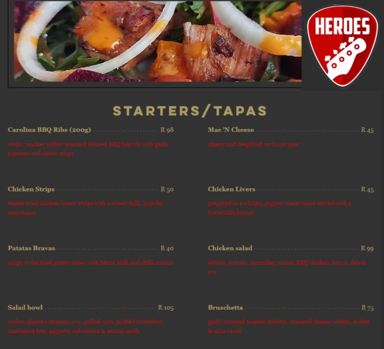 Heroes Restaurant menu