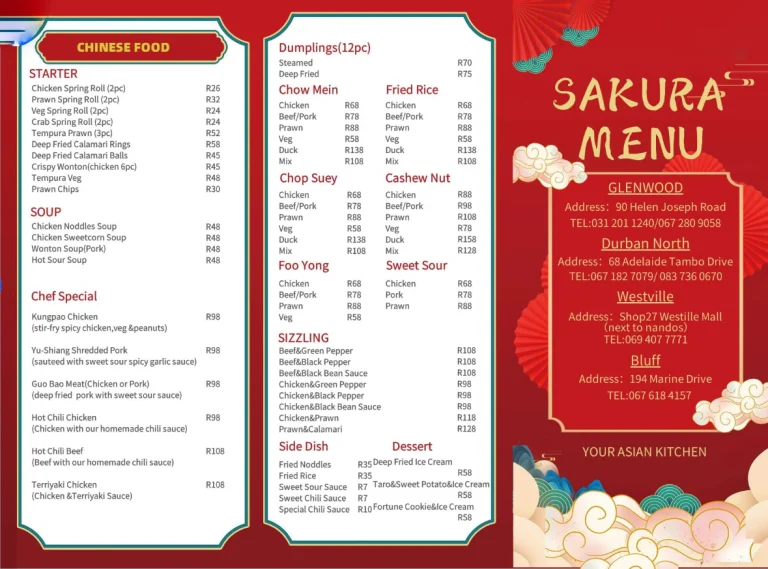 Sakura Menu with prices