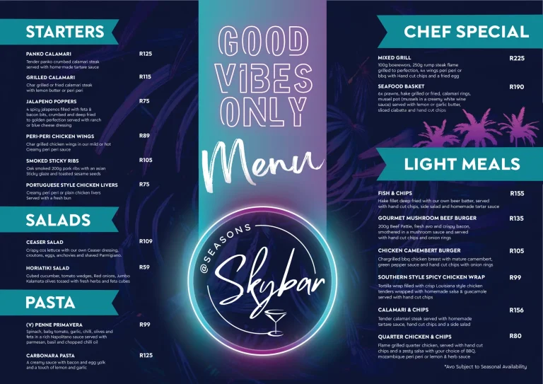 Skye Rooftop Bar And Restaurant Menu