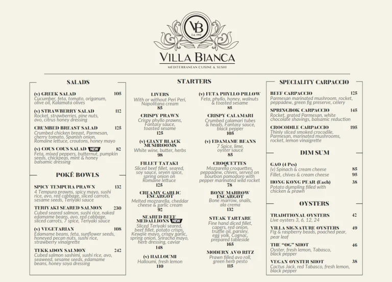 Villa Bianca Menu price