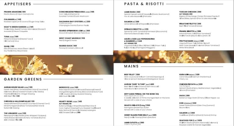 aurum menus and prices