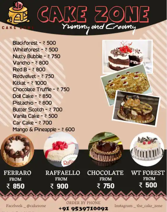 cake zone menu and price